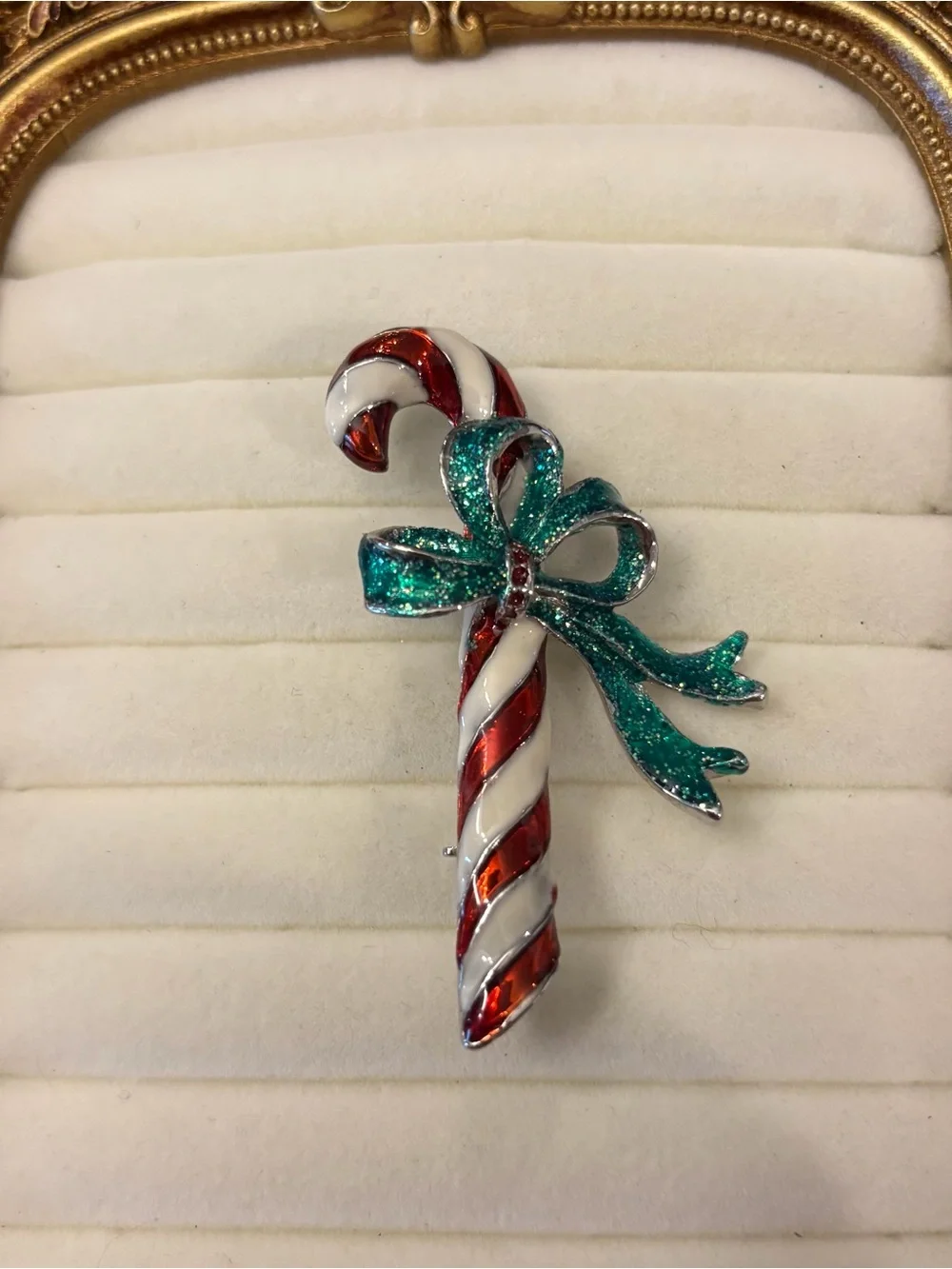 Enamel Candy Cane Striped Brooch Green Sparkly Bow Holiday Christmas Pin Festive